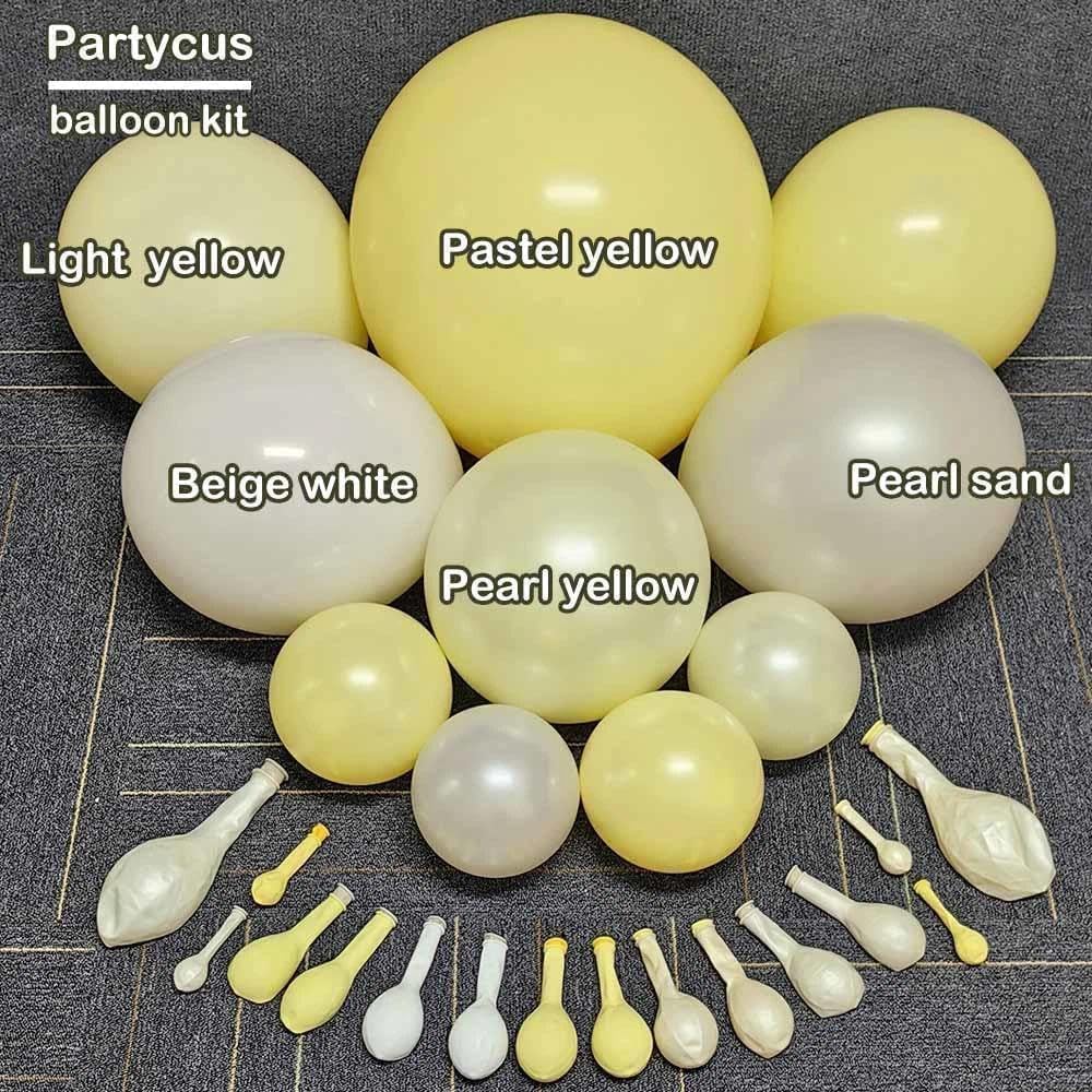 Partycus pastel yellow balloon arch assembly showing multiple sizes.