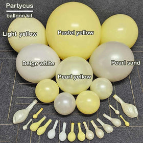 Partycus pastel yellow balloon arch assembly showing multiple sizes.
