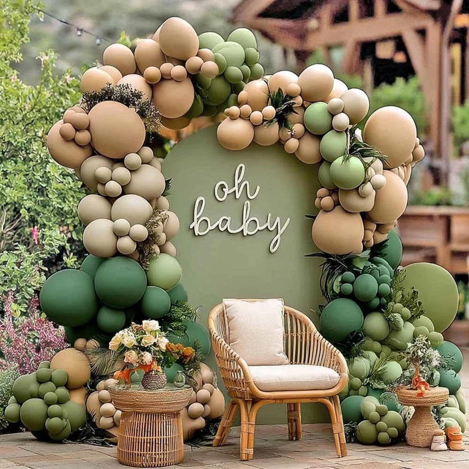 Partycus sage green and brown balloon arch kit forms a chic neutral backdrop