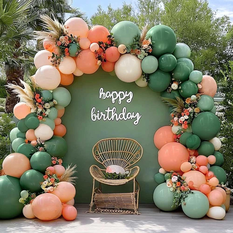 Partycus Sage Green Peach Balloon Arch centerpiece for baby showers.