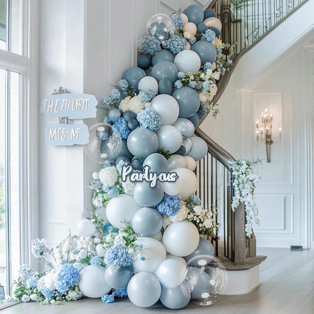 Partycus slate blue 10inch balloons add depth to the garland.