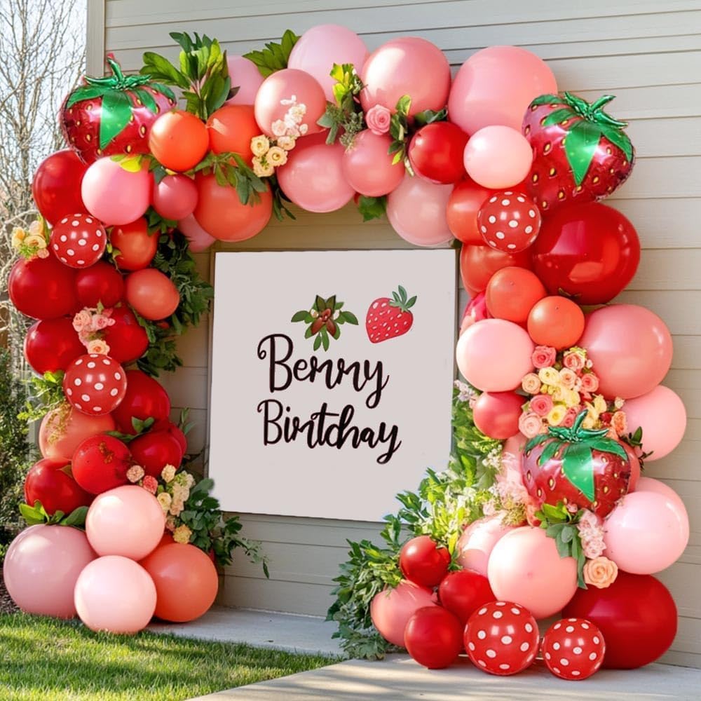 Partycus Strawberry Arch Kit closeup shows double stuffed balloons for a rich berry look.