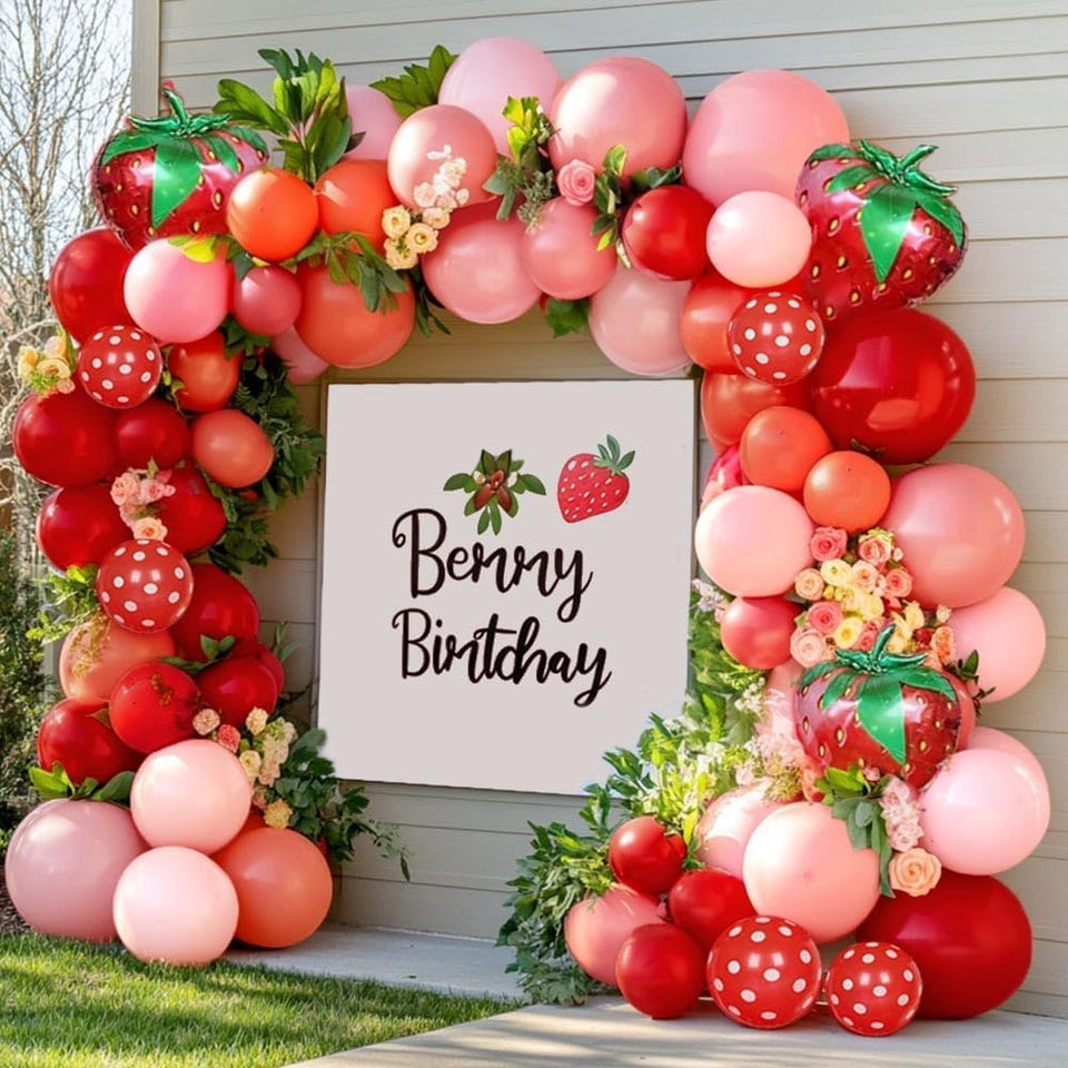 Partycus Strawberry Arch Kit closeup shows double stuffed balloons for a rich berry look.