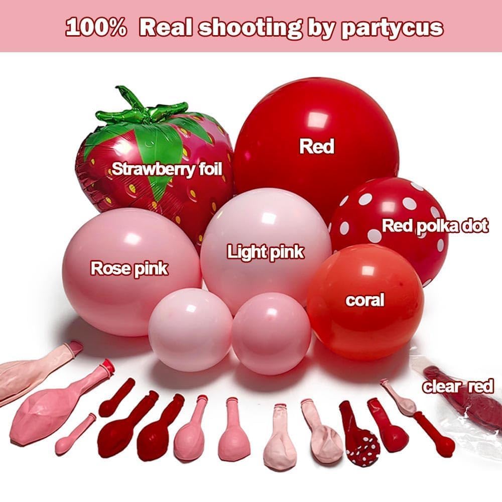 Partycus Strawberry Arch Kit layers blend pastel pink and red tones beautifully.