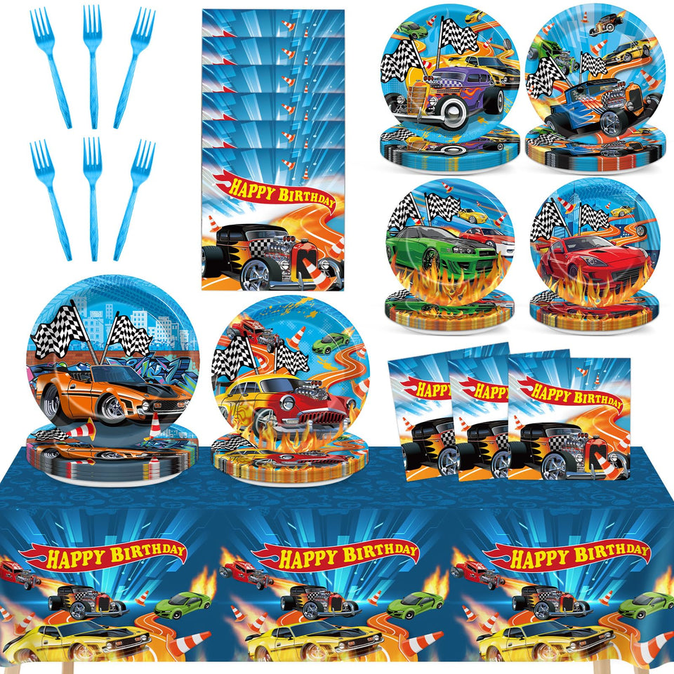 Party Greeting race car dinner plates add vibrant racing flair to party tables.