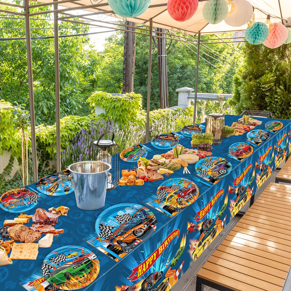 Party Greeting race car tablecloths protect surfaces while enhancing the racetrack vibe.