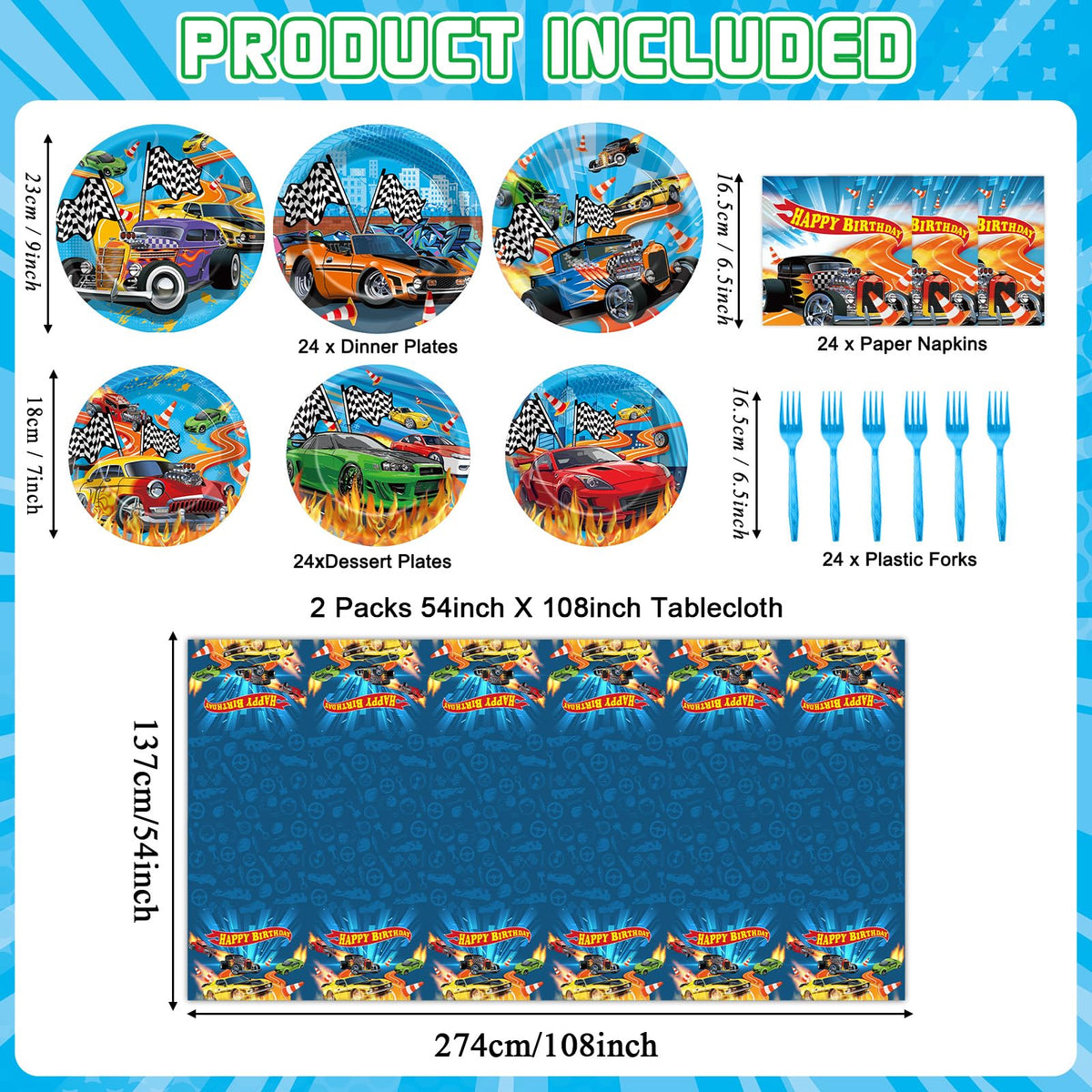 Party Greeting race car dessert plates offer playful accents and easy dessert portions.