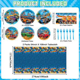 Party Greeting race car dessert plates offer playful accents and easy dessert portions.