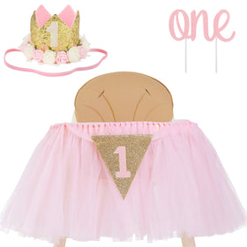 PartyHooman 1st birthday high chair tutu enhances the party setup with pastel pink elegance