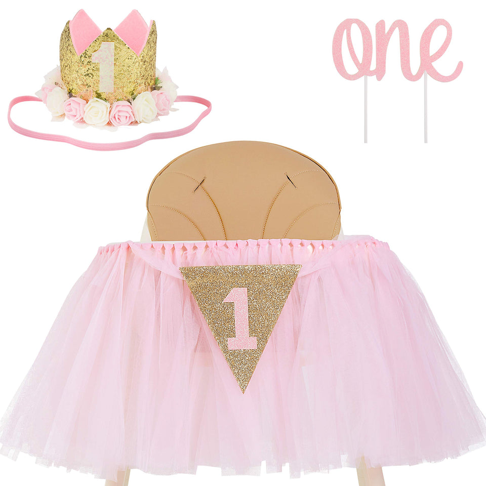 PartyHooman 1st birthday high chair tutu enhances the party setup with pastel pink elegance