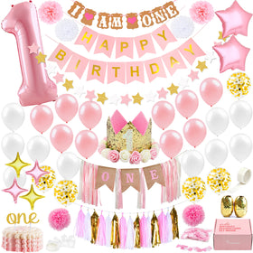 PartyHooman 78-in-1 birthday box balloons creates a coordinated pink and gold party backdrop.