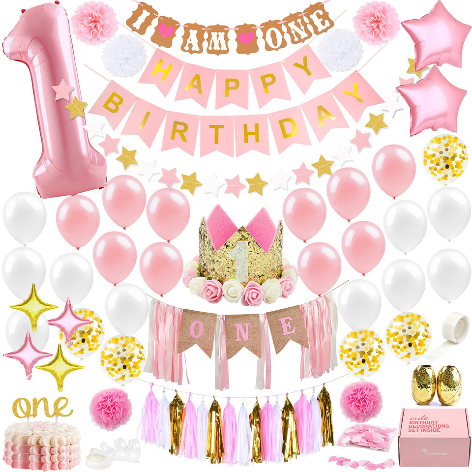 PartyHooman 78-in-1 birthday box balloons creates a coordinated pink and gold party backdrop.
