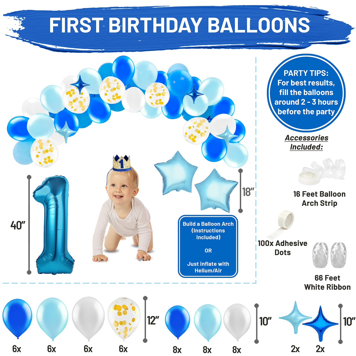 PartyHooman first birthday balloon set in blue, white, and gold.