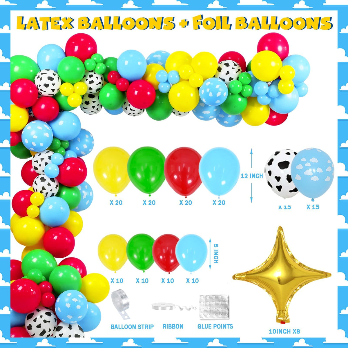 Party Inspo balloon garland setup in blue and rainbow colors enhances the party ambiance.