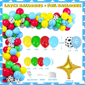 Party Inspo balloon garland setup in blue and rainbow colors enhances the party ambiance.