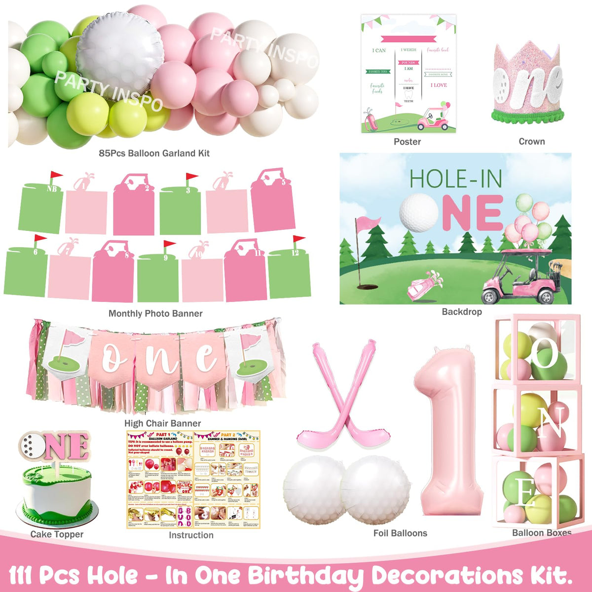 Party Inspo hole-in-one backdrop sets the scene for a memorable first birthday celebration.