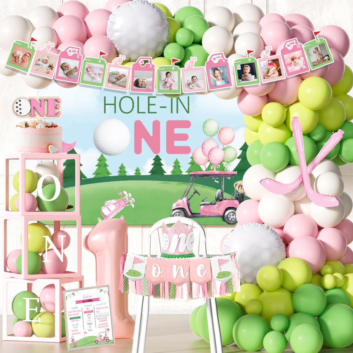 Party Inspo hole-in-one balloon garland creates a festive golf-themed backdrop for photos.