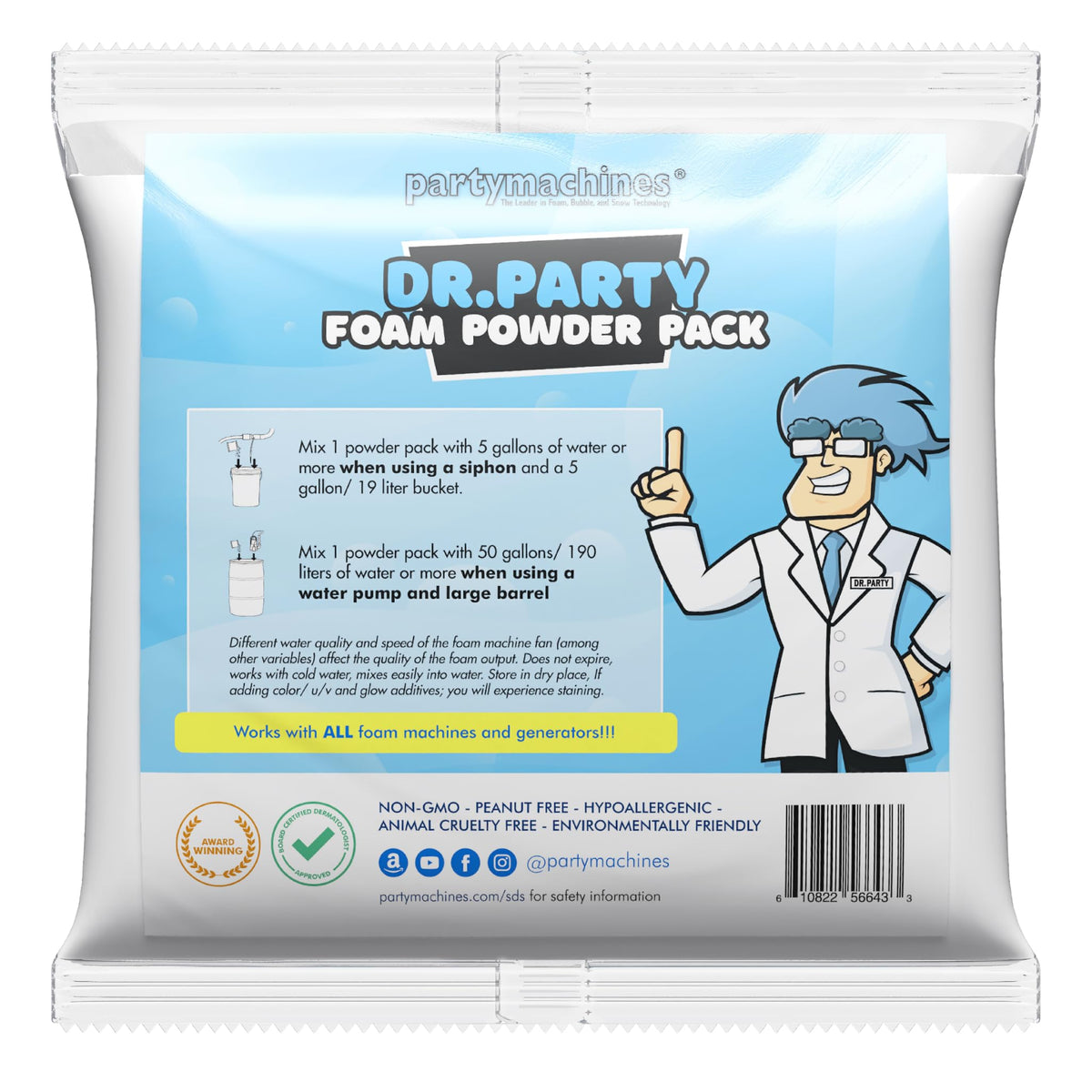 Partymachines Dr.Party foam powder pack packaging shown for quick, mess-free setup.