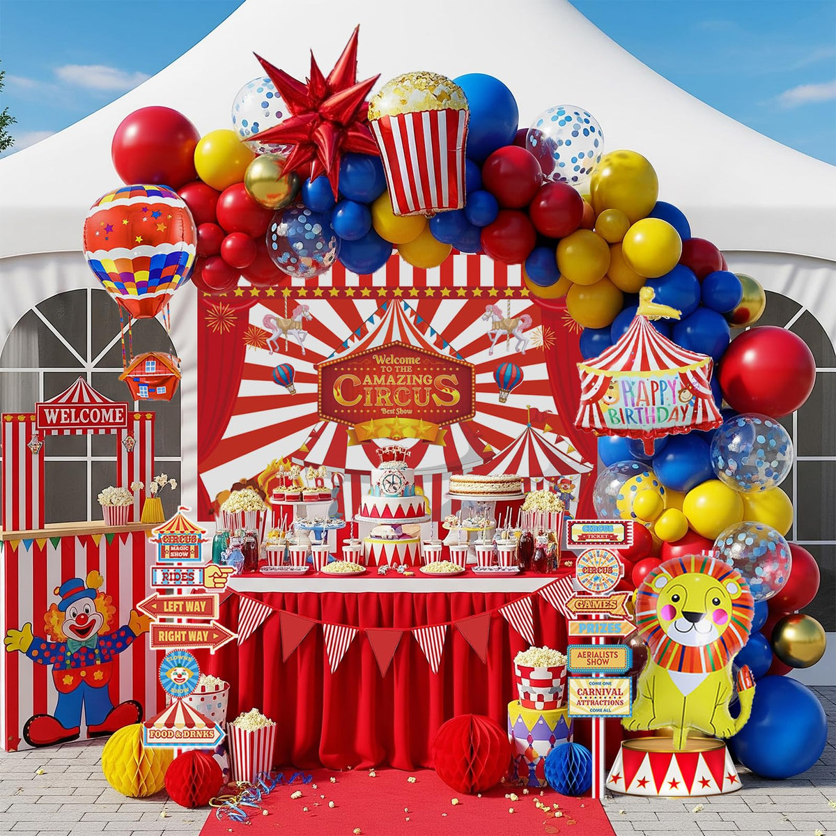 Partymigo circus balloon arch creates a dramatic entrance backdrop.