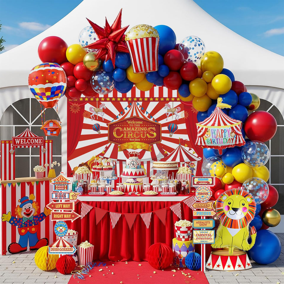 Partymigo circus balloon arch creates a dramatic entrance backdrop.