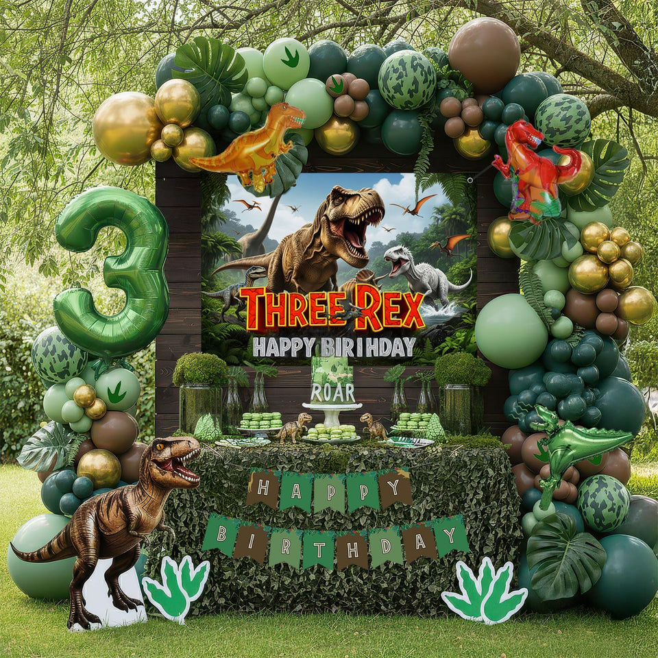 PartyMigo dinosaur 3rd birthday arch offers a bold jungle backdrop for photos.