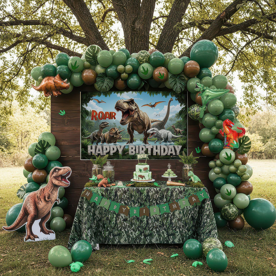 PartyMigo dinosaur arch balloon displays a vivid jungle backdrop for photos