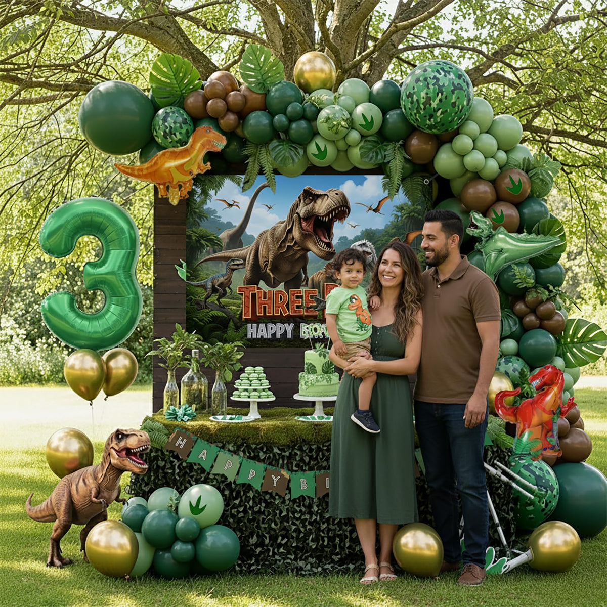 PartyMigo foil dino balloons bring colorful focal points for playful moments.