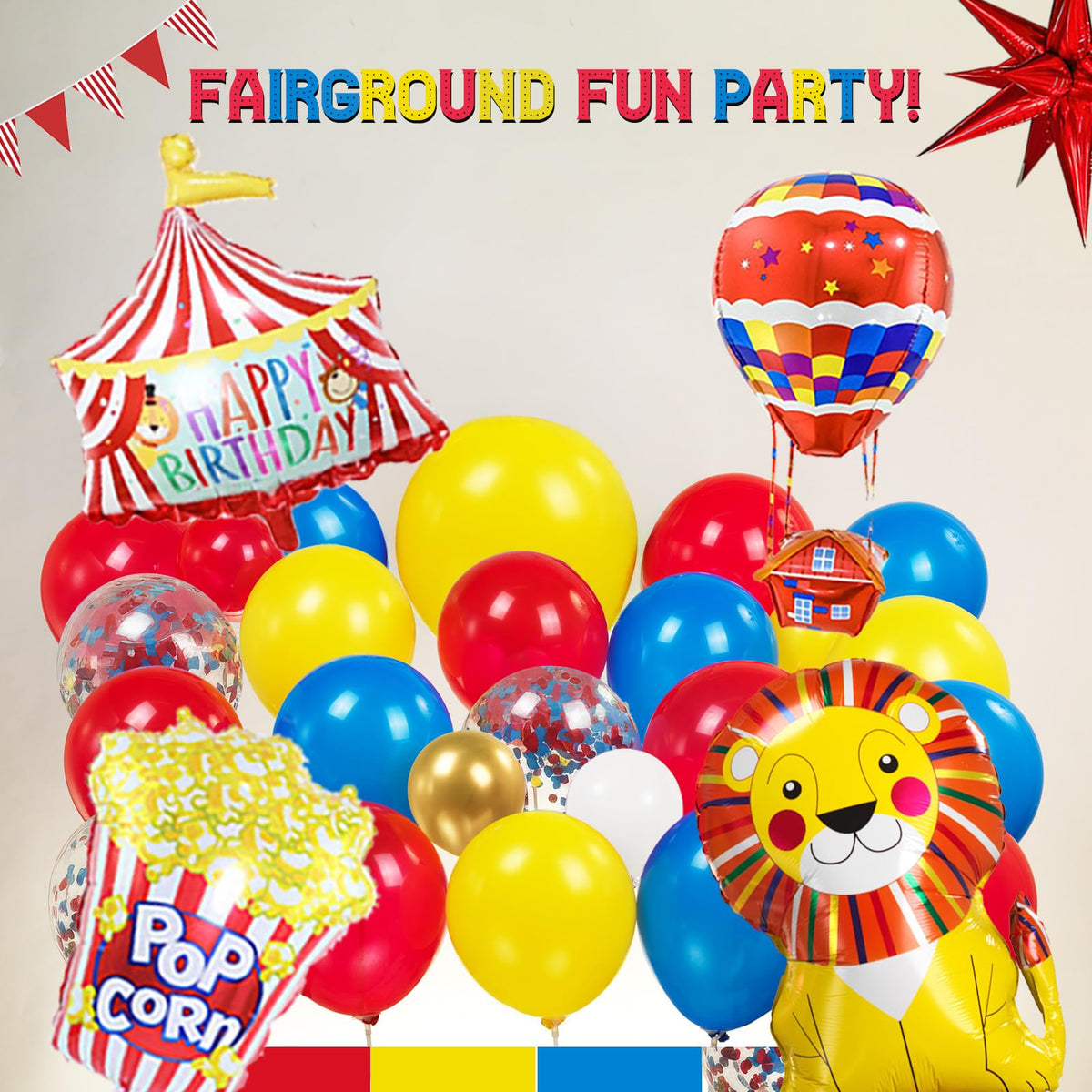 Partymigo red-white striped banner evokes carnival vibes.