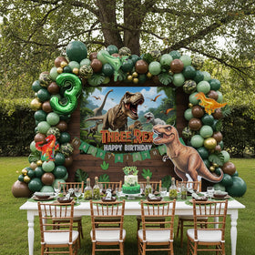 PartyMigo T-Rex backdrop sets the scene for jungle safari celebrations.