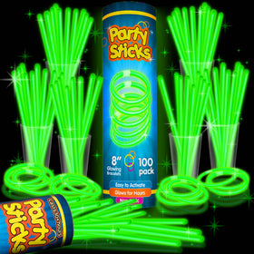 PartySticks green glow sticks bundle on table for ambient party lighting.