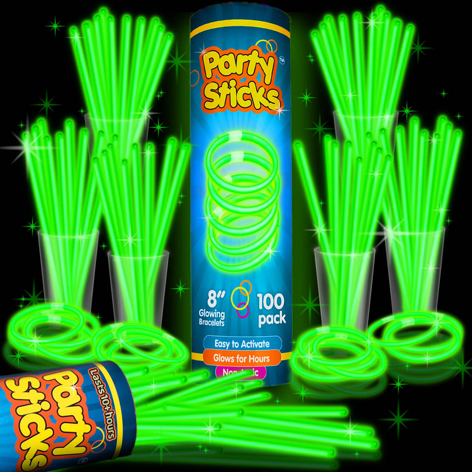 PartySticks green glow sticks bundle on table for ambient party lighting.