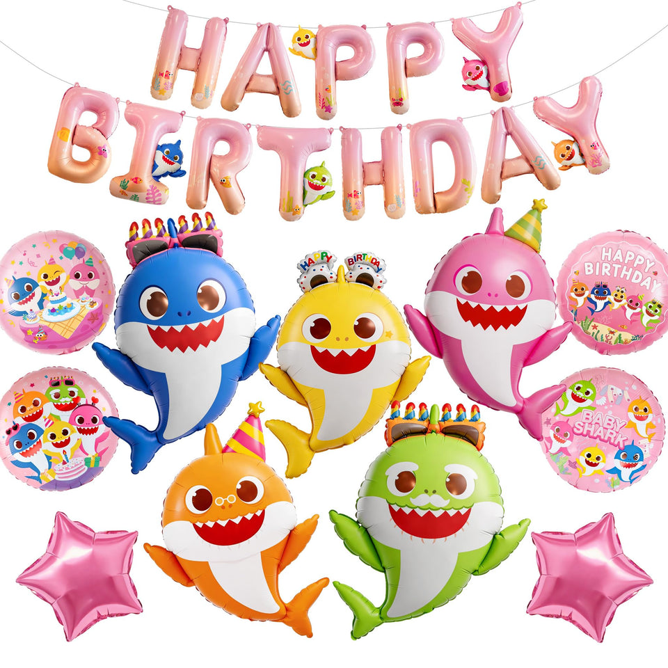 PartyWoo Baby Shark family balloons—vibrant under-the-sea centerpiece for kids' parties.