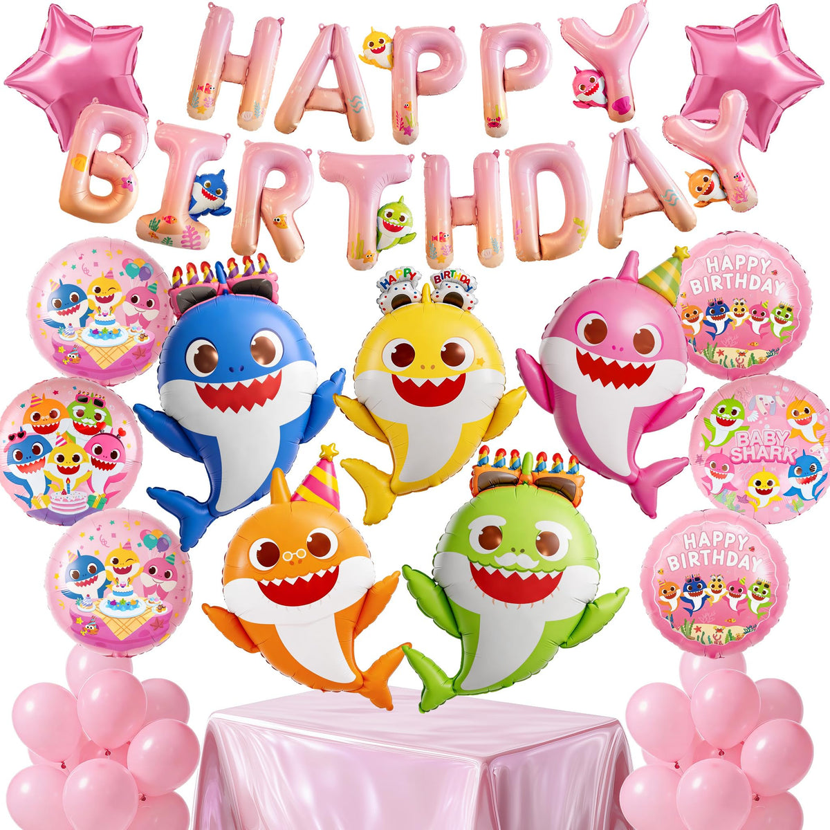 PartyWoo Baby Shark family balloons create a vivid centerpiece for a kid's party that lasts