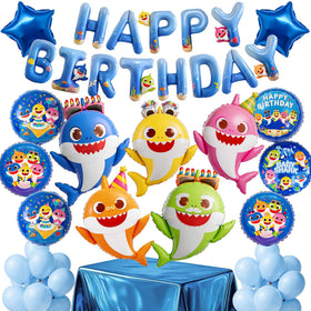 PartyWoo Baby Shark family foil balloons set for sea-themed party backdrop.