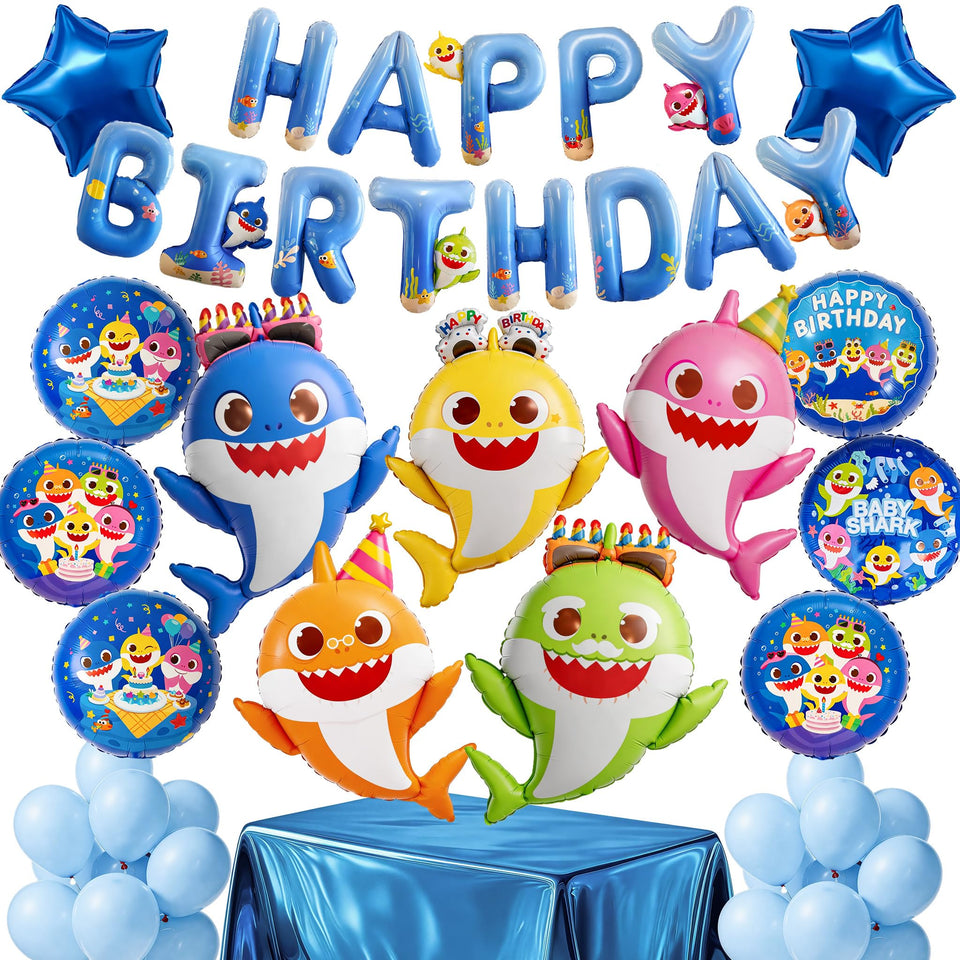 PartyWoo Baby Shark family foil balloons set for sea-themed party backdrop.