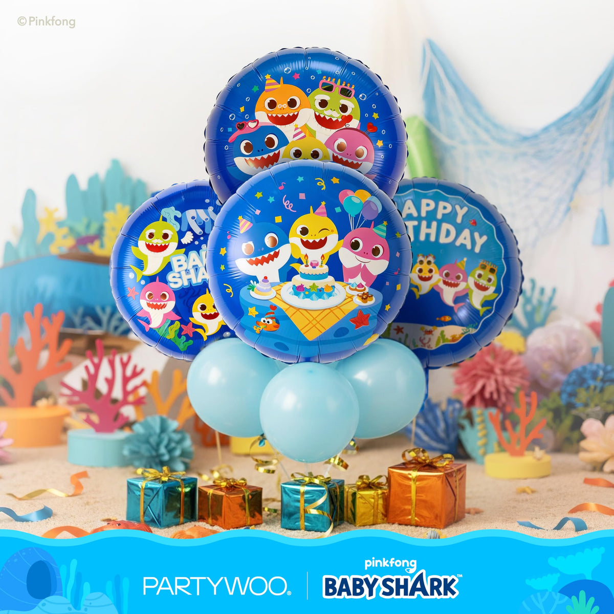 PartyWoo officially licensed Baby Shark design adds trusted character appeal to decor.