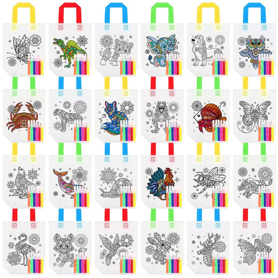 Pasimy 24-piece mandala animals coloring bags front design offer kid-friendly reusable gift packaging