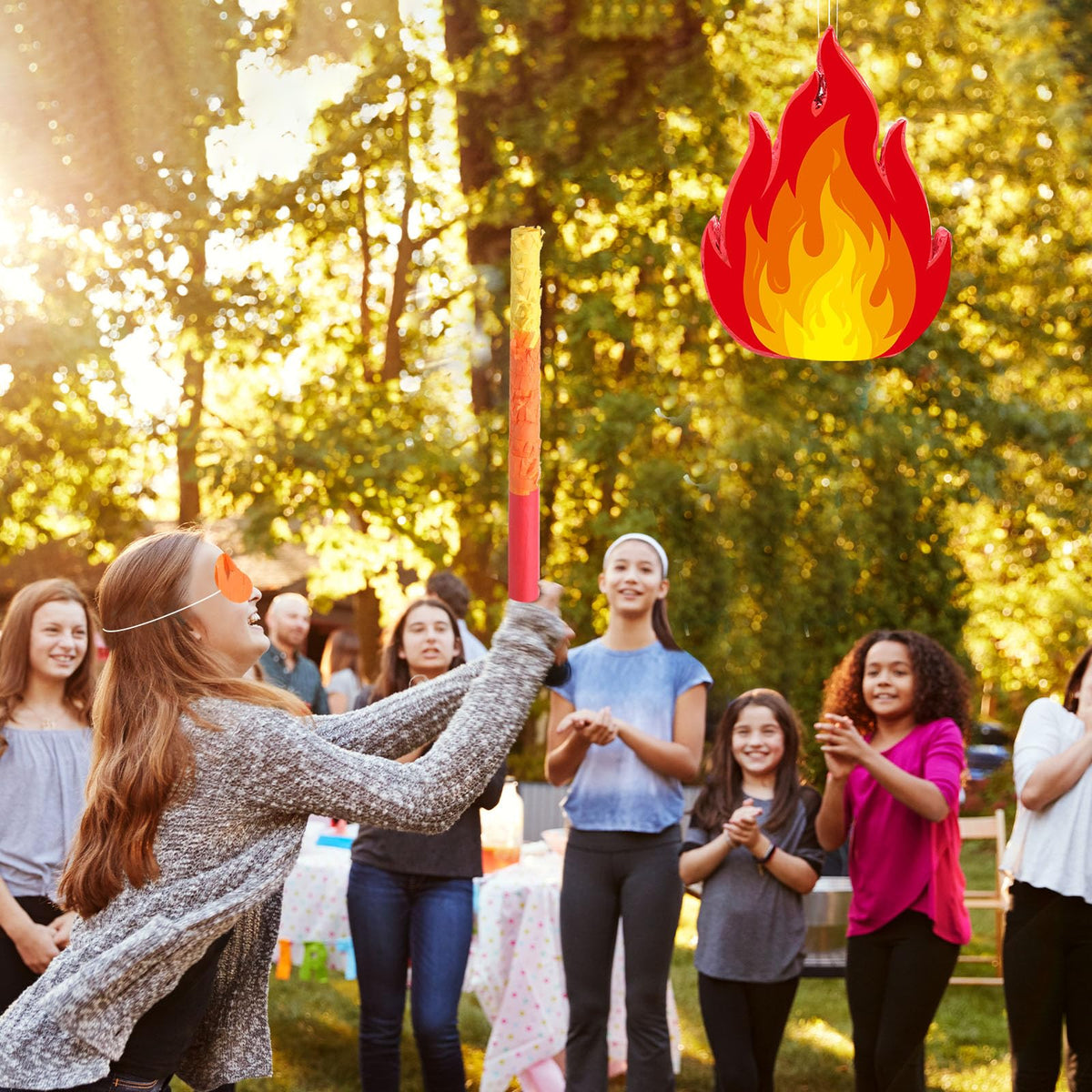 Pasimy fire pinata flames design close-up, vivid red orange yellow hues.