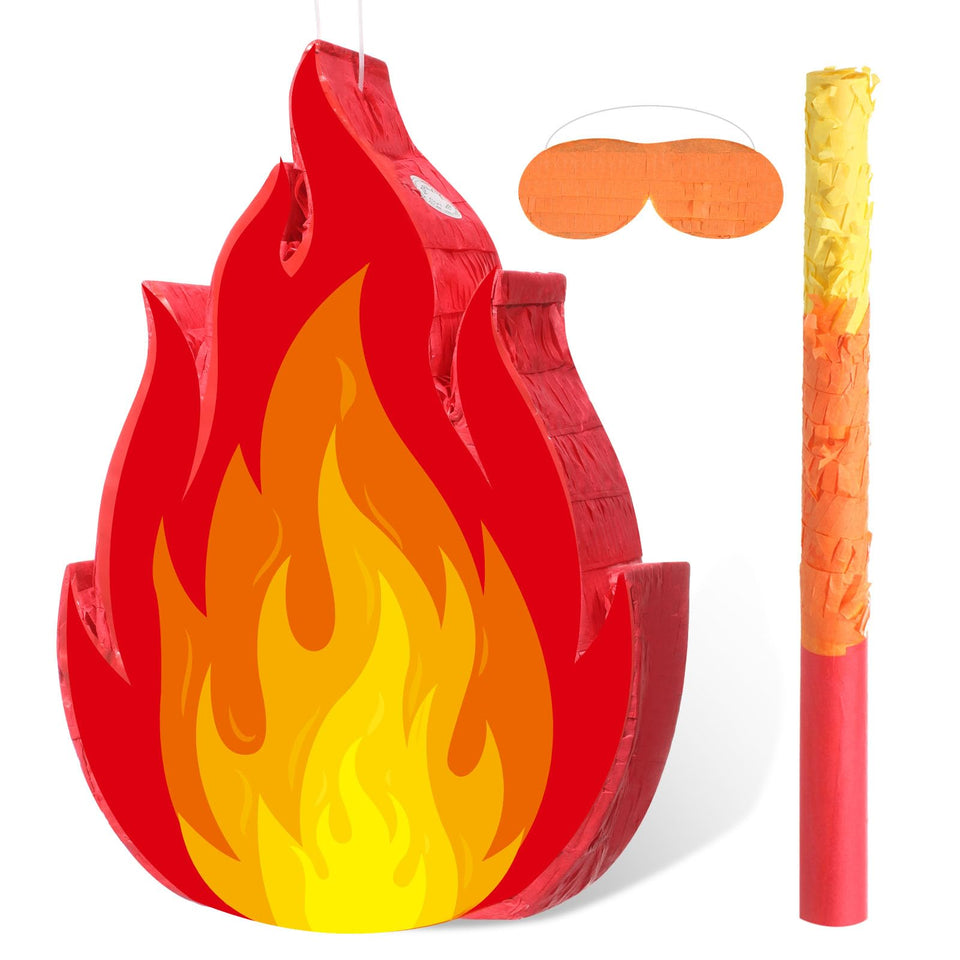 Pasimy fire pinata set, main product image, ideal centerpiece for a campfire party.