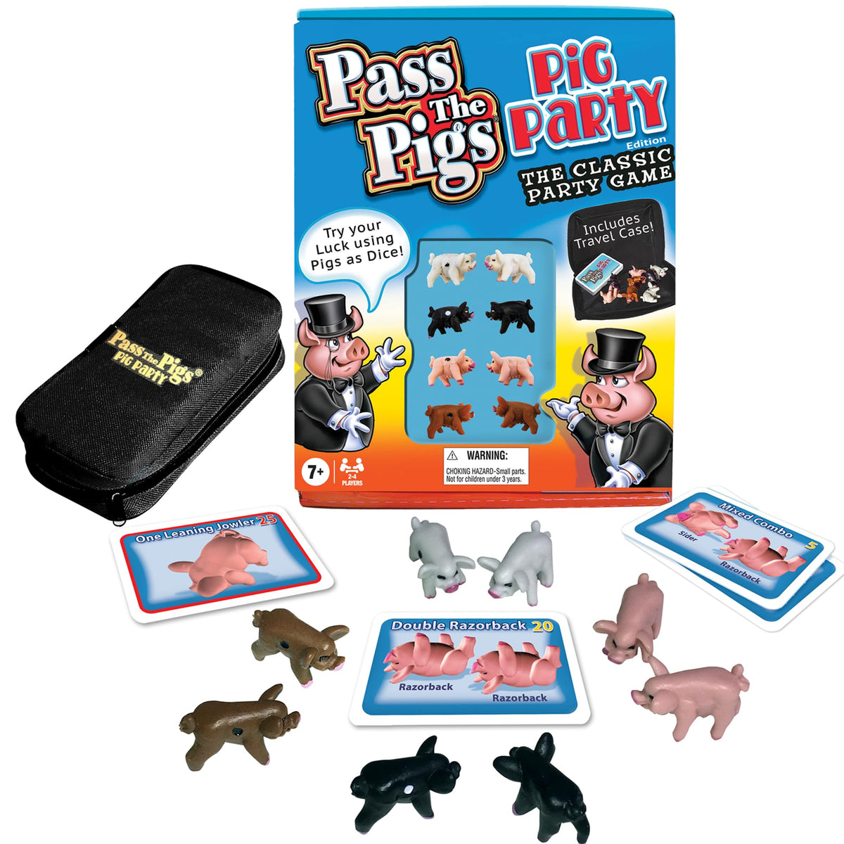 Pass the Pigs Pig Party Edition components like deck and pig-rolls for portable party play.