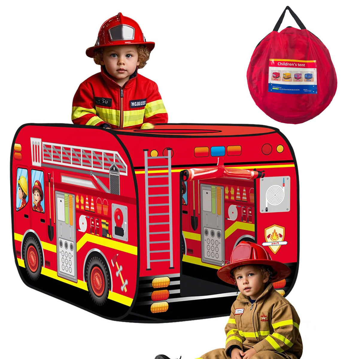 PASUXI fire truck pop-up tent front view for indoor imaginative play