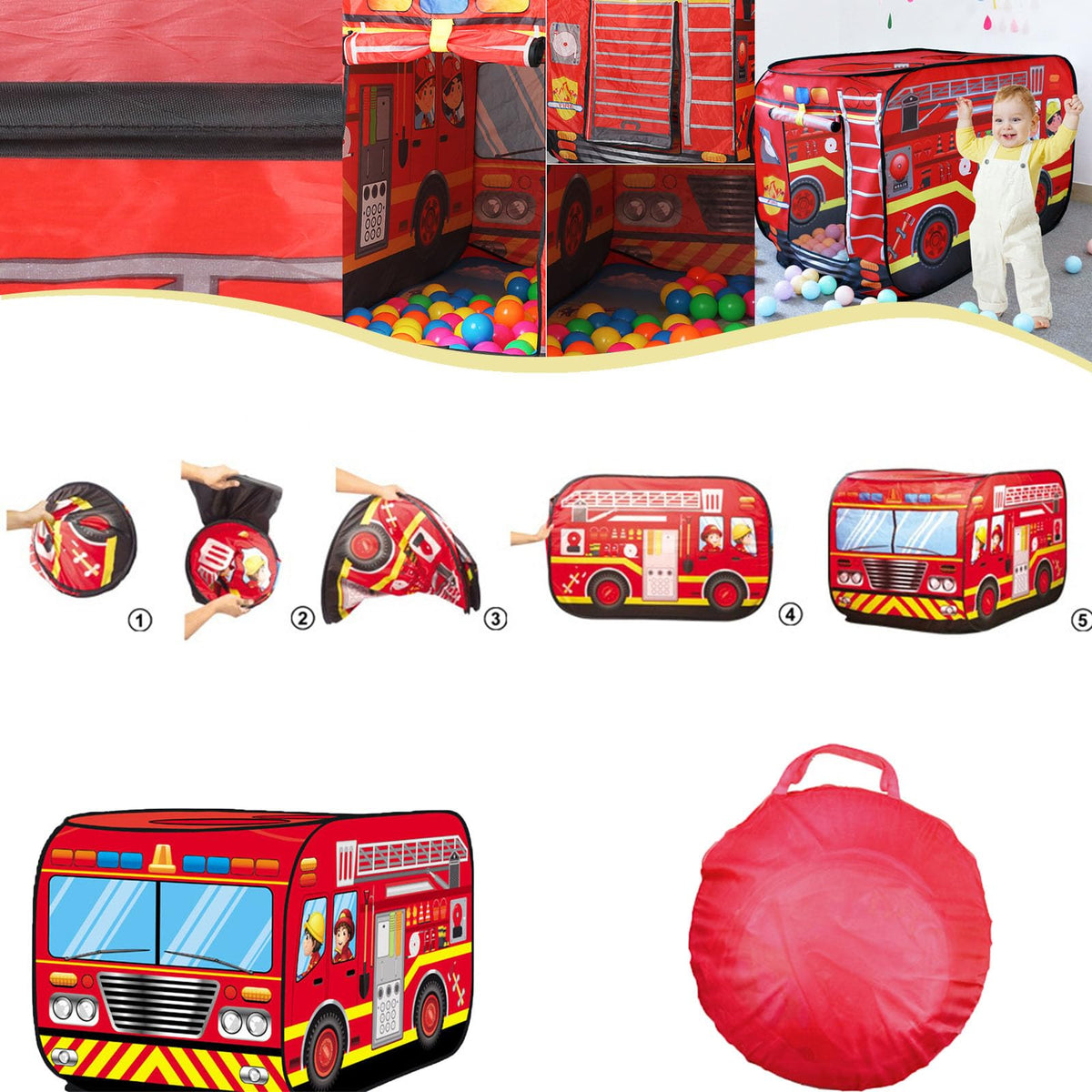 PASUXI fire truck pop-up tent side view showing portable setup