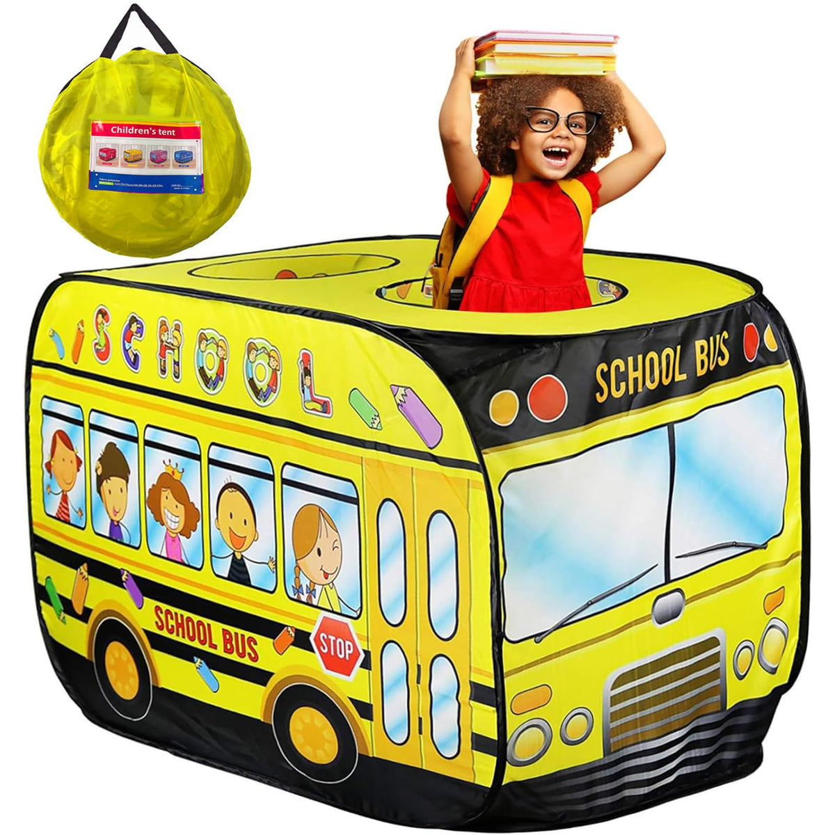 PASUXI School Bus Pop Up Tent front view for imaginative play indoors