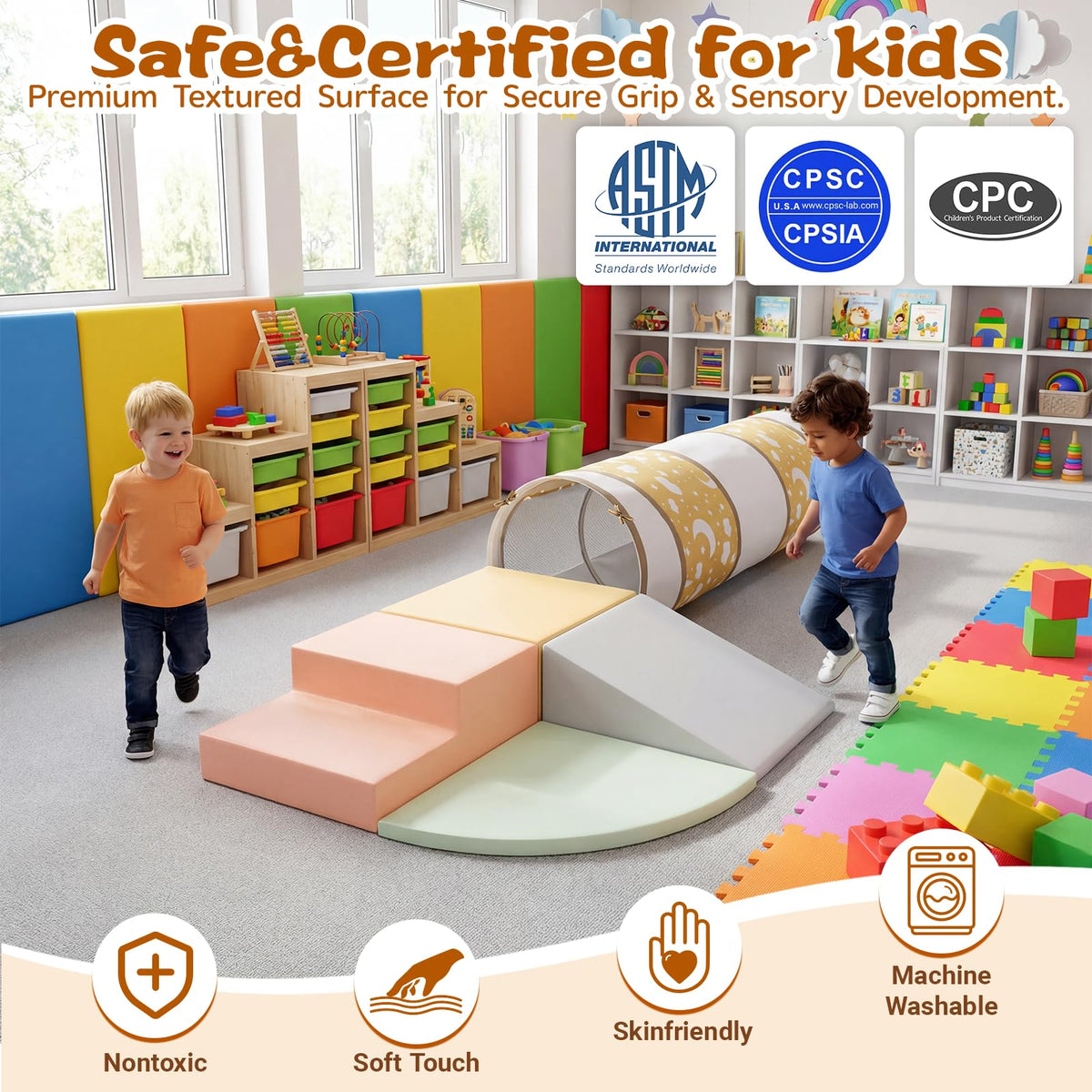 PATAZOK crawl-through tunnel complements foam blocks for imaginative obstacle courses.