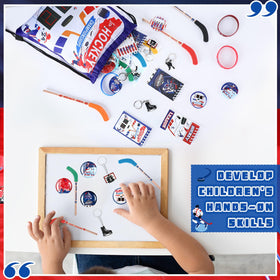 Paterr hockey spiral notebooks and pencils encourage writing and creative play.