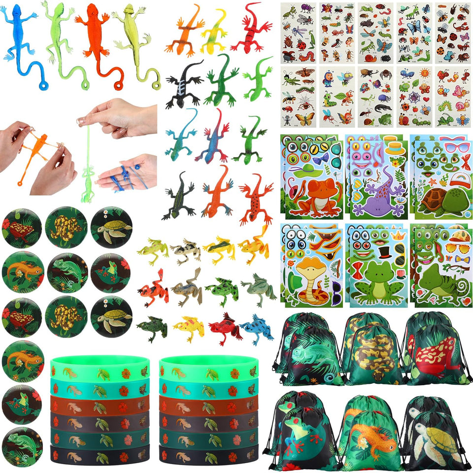 Paterr reptile gift bags for party favors and colorful decor.