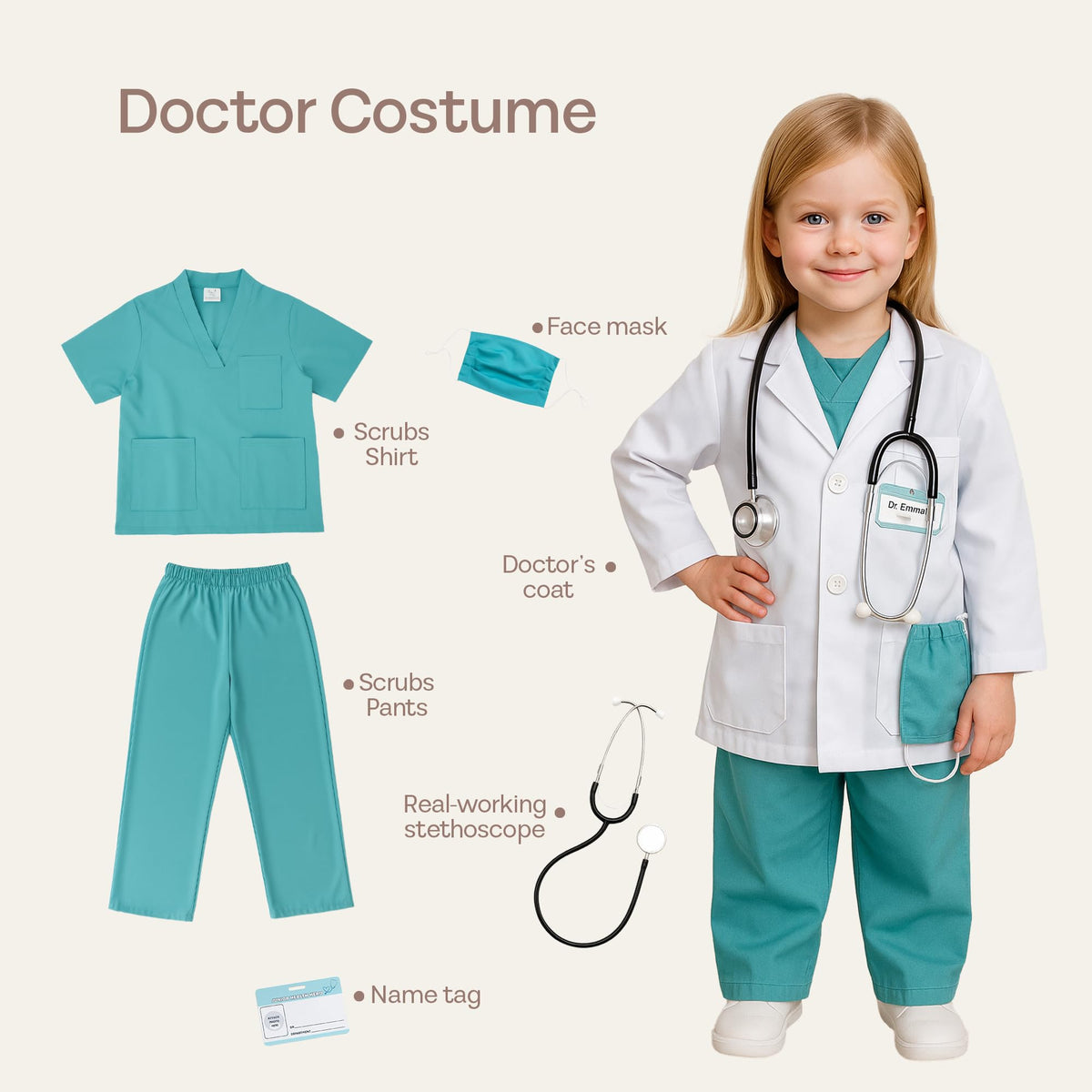 PATHFINDER PANDAS 5-in-1 doctor costume, soft fabric for comfy pretend play