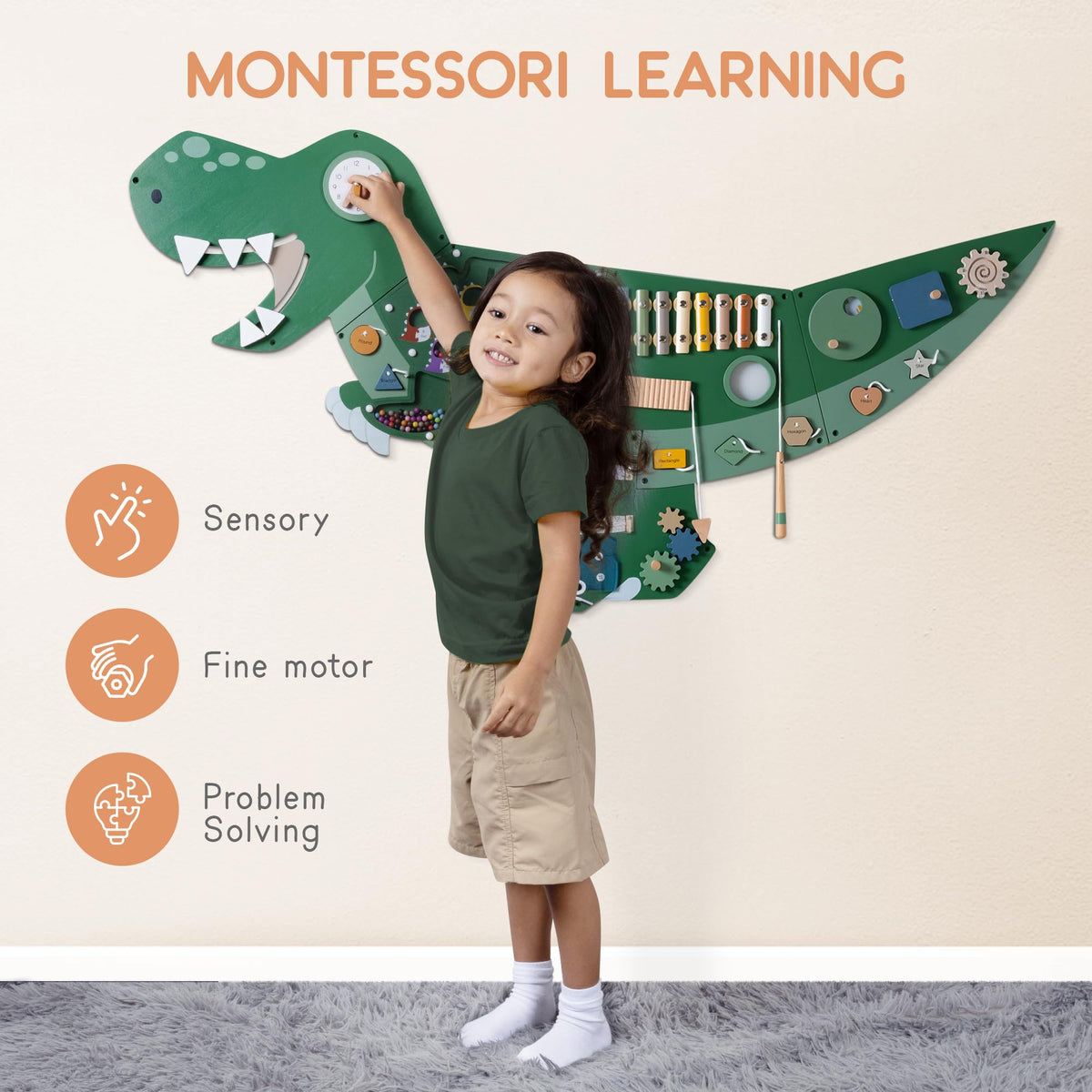 PATHFINDER PANDAS wooden sensory wall panel with dinosaur elements supports hands-on exploration.