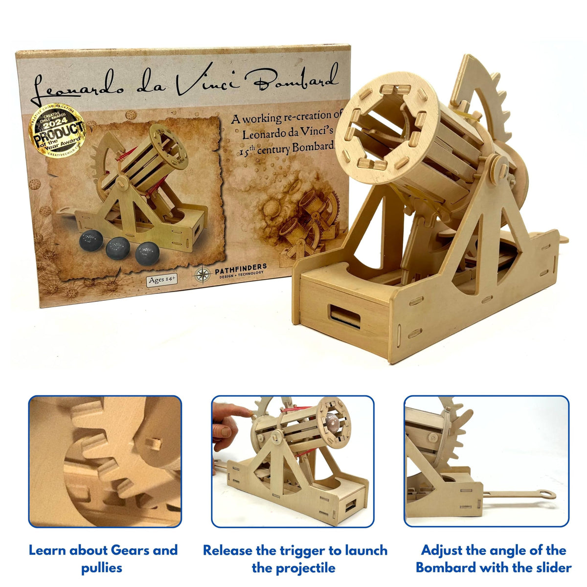 PATHFINDERS Leonardo da Vinci Bombard closeup-detail reveals mechanical joints and spring action.