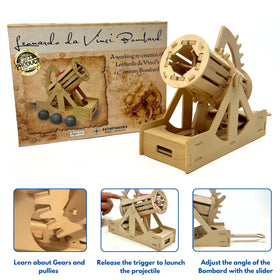 PATHFINDERS Leonardo da Vinci Bombard closeup-detail reveals mechanical joints and spring action.